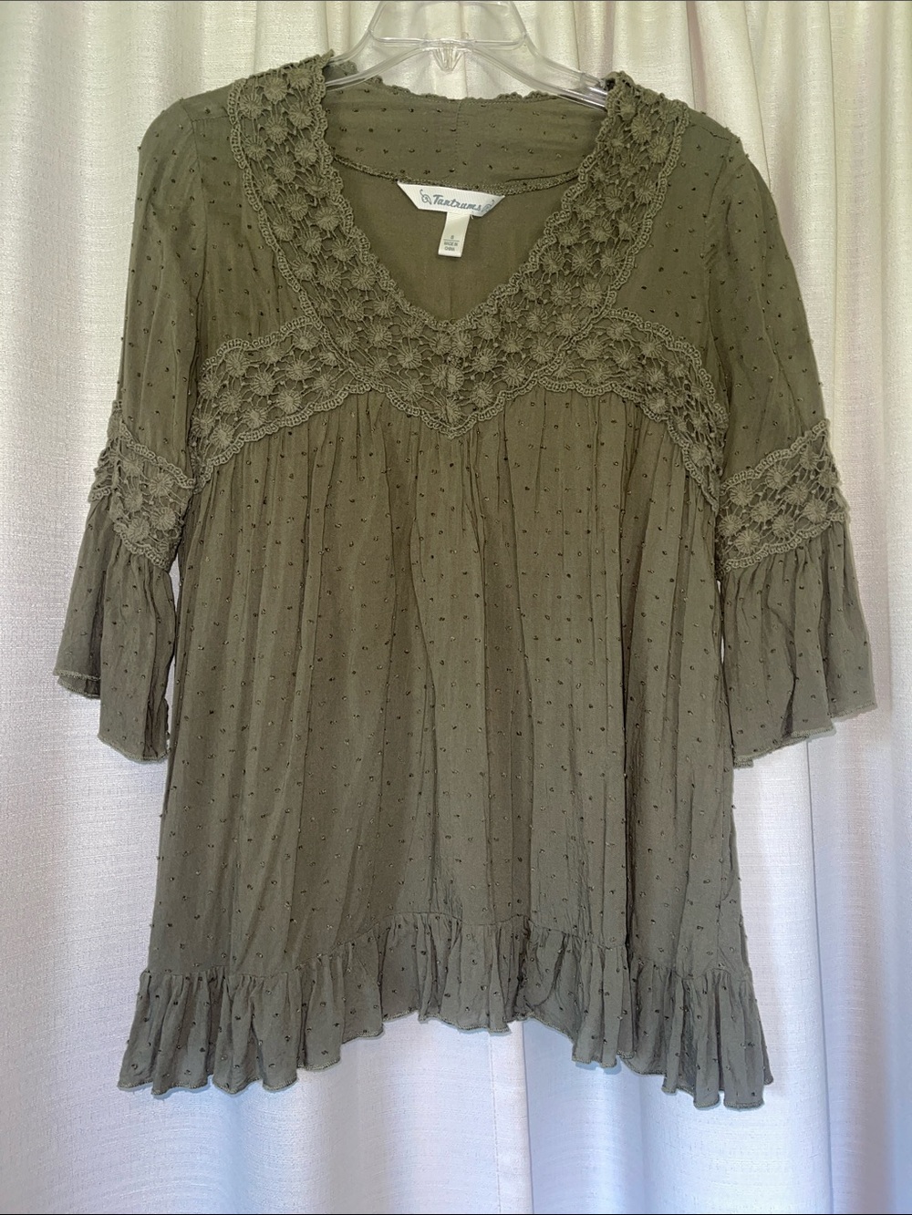 Olive Green Swiss Dot Peasant Tunic with Lace Trim